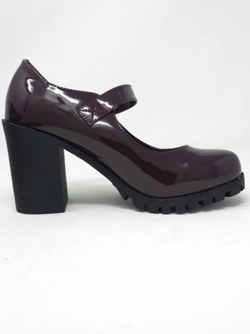 Burgundy Patent Faux Leather Mary Jane Platform Chunky Heel Lug Sole Trendy